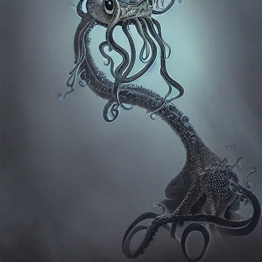 Prompt: lovecraftian frog monster with tentacles lurking in the fog, by bekinski