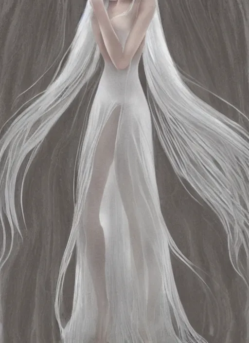 Image similar to tall thin beautiful goddess, pale wan female angel, long flowing silver hair covering her whole body, beautiful!!! painting, young wan angel, flowing silver hair, flowing white robes, flowing hair covering front of body, white robe, white dress!! of silver hair, covered!!, clothed, unexposed, aesthetic, mystery