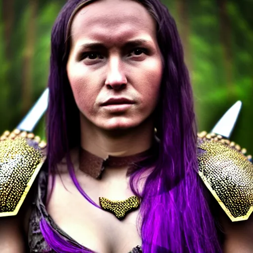 Prompt: photo of a real-life beautiful female warrior with amethyst encrusted armour