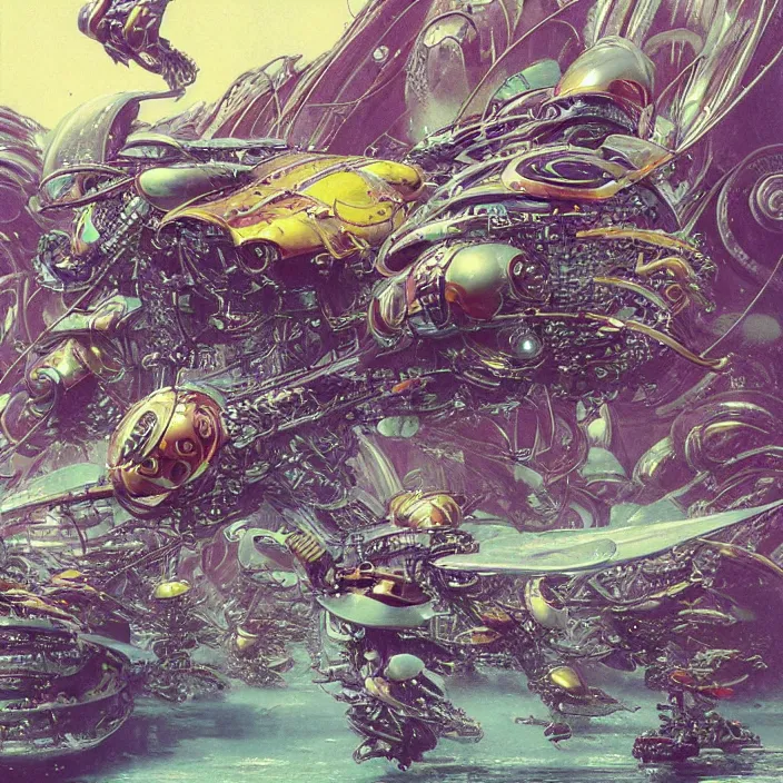 Image similar to cyberpunk mollusc mechs, flowing, aerodynamic, fast, flat art, digital art, hd, by takashi murakami, by bruce pennington