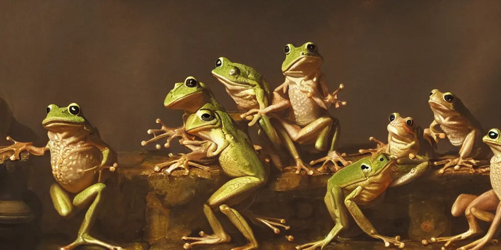 Prompt: A Group of Frog sitting on thrones. Frogs holding a golden orb. Oil Painting, France 1785. Masterpiece 4k trending on artstation. In the style of Rembrandt