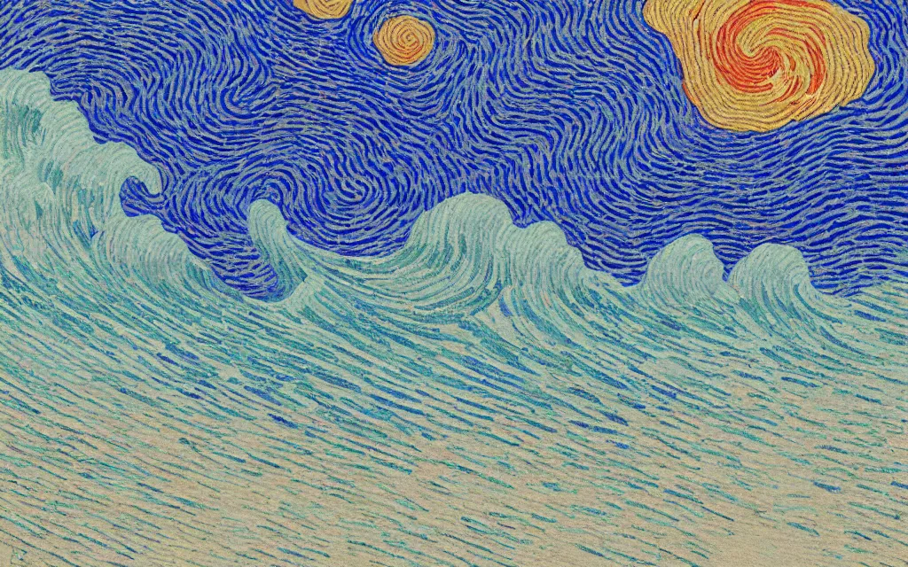 Image similar to a beautiful quiet beach in okinawa, fractal waves. japanese embroidery. retro minimalist art by jean giraud and van gogh.