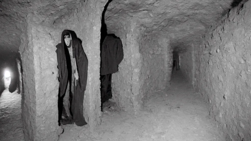 Prompt: creepy, incredibly tall, skinny and pale creature lurking in the catacombs captured on film camera