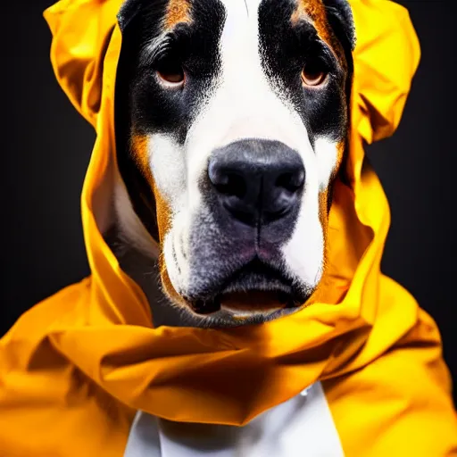 Prompt: a high detail shot of a big swiss mountain dog wearing a hazmat suit,studio photograph,professional photography,studio lighting,professional lighting,3 point lighting,hyperdetailed,photorealistic,50mm lens,detailed face