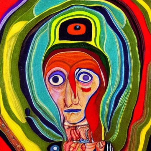 Prompt: a portrait of an unusual woman doing an unusual thing at an unusual time . a painting by Friedensreich Hundertwasser width 1024