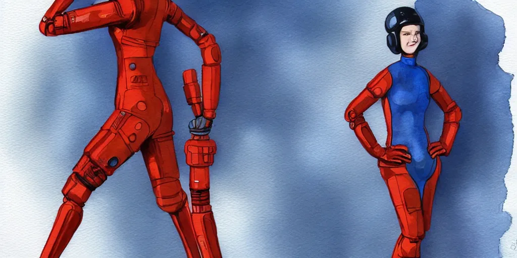 Image similar to woman, full body, wide shot, modern space suit, intriguing helmet, stylized character design, the expanse tv series, large shoulders, short torso, long thin legs, tiny feet, science fiction, hyperdetailed, technical suit, dieselpunk, watercolor digital painting, in the style of bruce timm, by alex maleev
