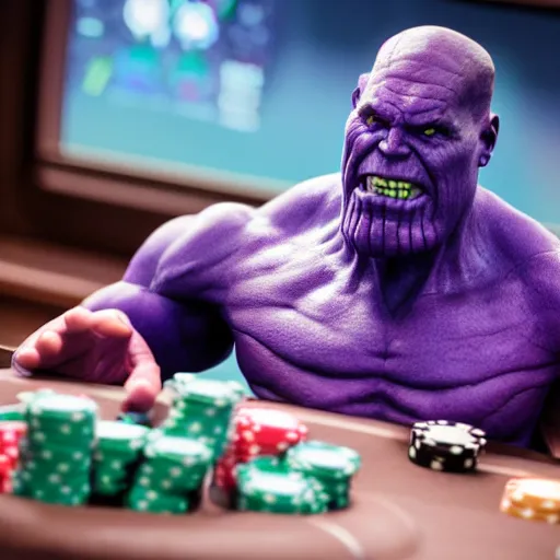 Image similar to professional dslr photo of thanos playing poker