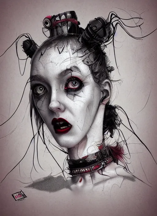 Image similar to surrealism grunge cartoon portrait sketch of lily cole as harley quinn, by michael karcz, loony toons style, freddy krueger style, horror theme, detailed, elegant, intricate