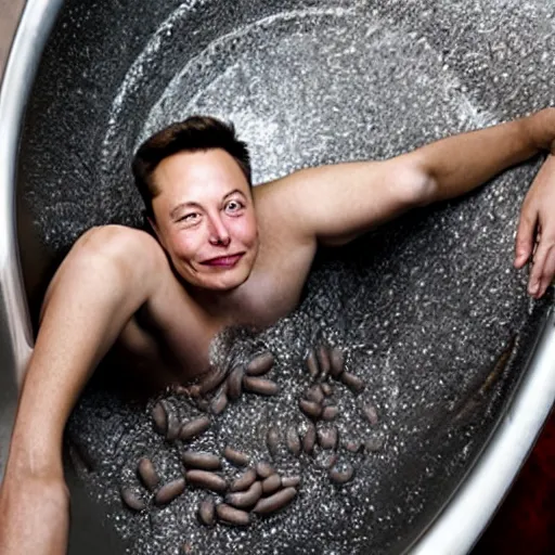 Image similar to elon musk laying in a bathtub full of beans,ultra realistic,ultra detailed,detailed face,HD,4k,award winning photograph