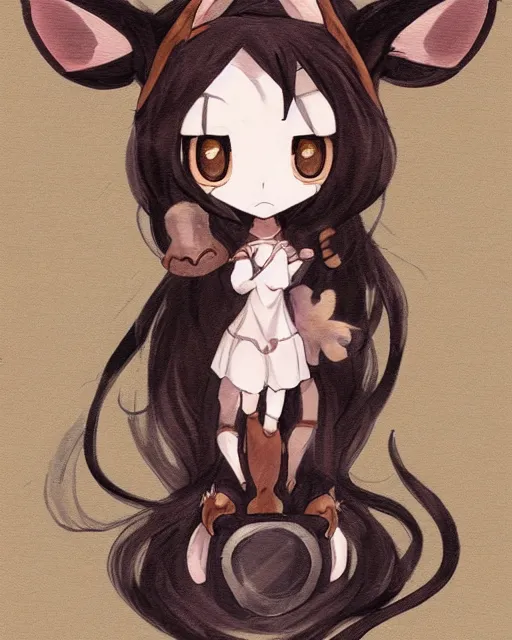 Image similar to A cute wakfu-style frontal painting of a very very beautiful anime skinny mousegirl with long wavy brown colored hair and small mouse ears on top of her head wearing a cute black dress and black shoes looking at the viewer, elegant, delicate, feminine, soft lines, higly detailed, smooth , pixiv art, ArtStation, artgem, art by alphonse mucha Gil Elvgren and Greg rutkowski, high quality, digital illustration, concept art, very long shot, game character