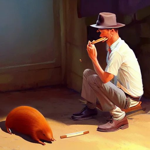 Image similar to a painting of a capybara smoking a cuban cigar while a fedora sitting in a secret base by Krenz Cushart, high detail, concept art, artstation, 8k