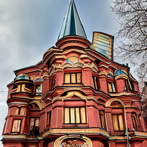 Prompt: Steampunk panel house, Moscow, Russia