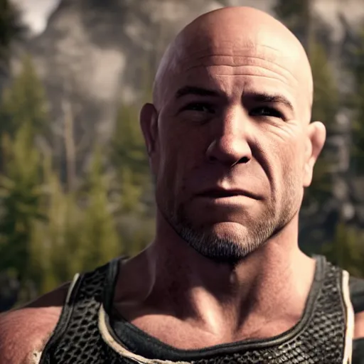 Image similar to character screenshot of ufc president dana white, npc, skyrim, wilderness, 1 0 8 0 p, bokeh, elder scrolls v, detailed, dialog text