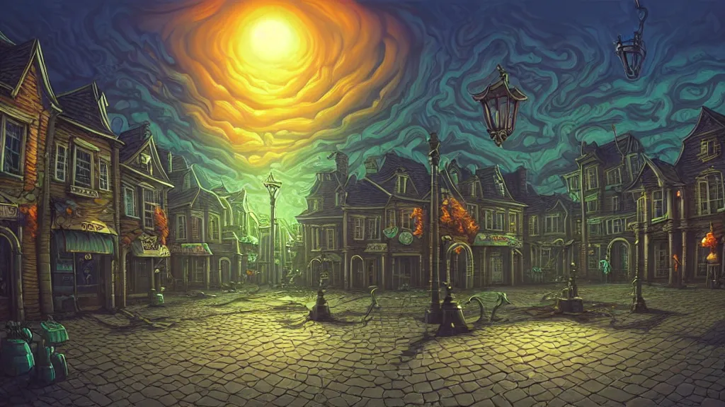 Image similar to empty lovecraftian town square surrounded by houses and inns. cthulhu statue. lovecraftian city at sunset by cyril rolando and naomi okubo and dan mumford and ricardo bofill. lovecraft. cobbled streets. oil lamp posts. lovecraftian. sunset swirly sky.