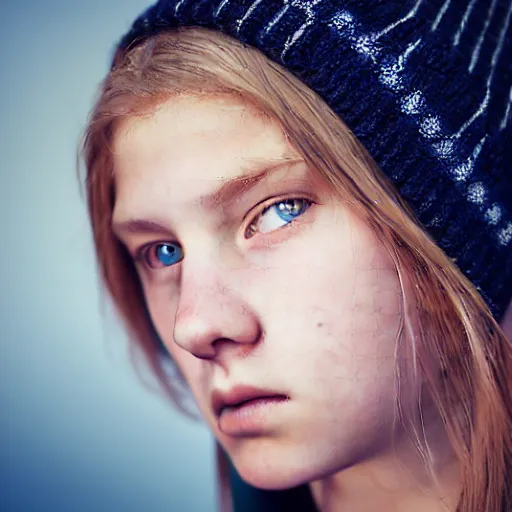 Prompt: a norwegian teenage girl, detailed, symmetrical face, symmetrical eyes, portrait lighting