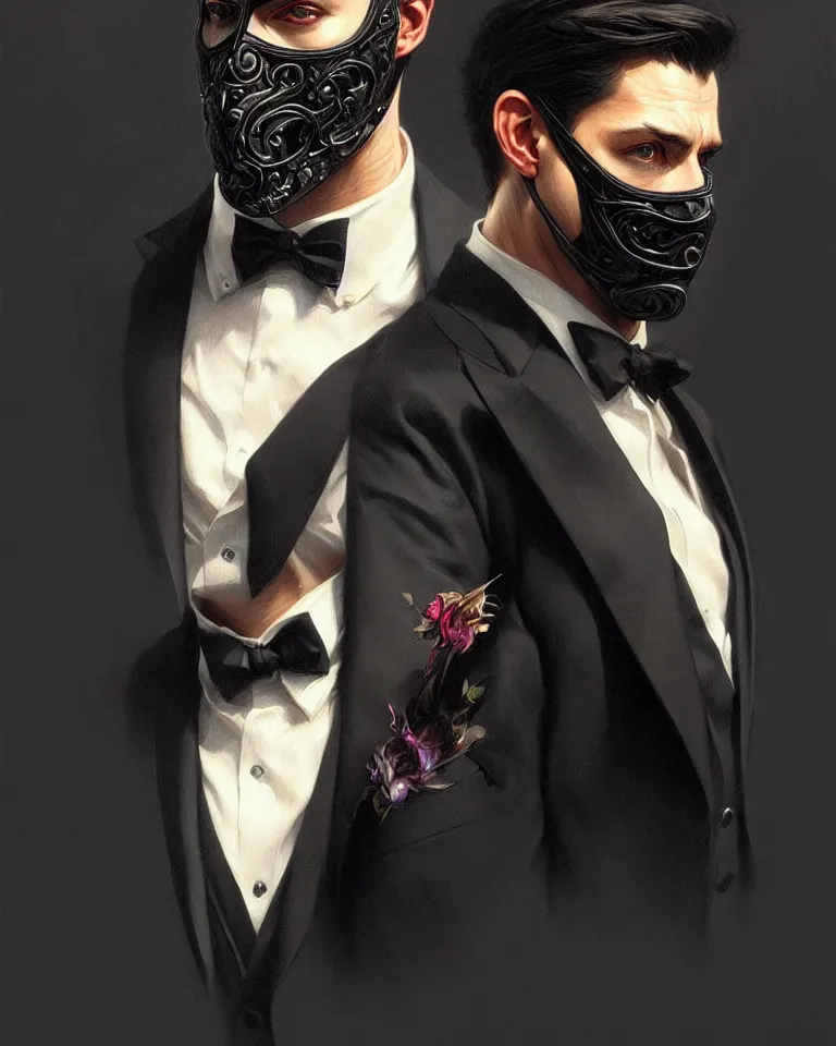 Prompt: ultra realistic illustration, a male with black mask, suit and tie, intricate, elegant, highly detailed, digital painting, artstation, concept art, smooth, sharp focus, illustration, art by artgerm and greg rutkowski and alphonse mucha