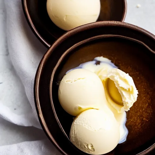 Image similar to closeup of a bowl with three balls of plain vanilla ice cream. Simplistic. Food photography.