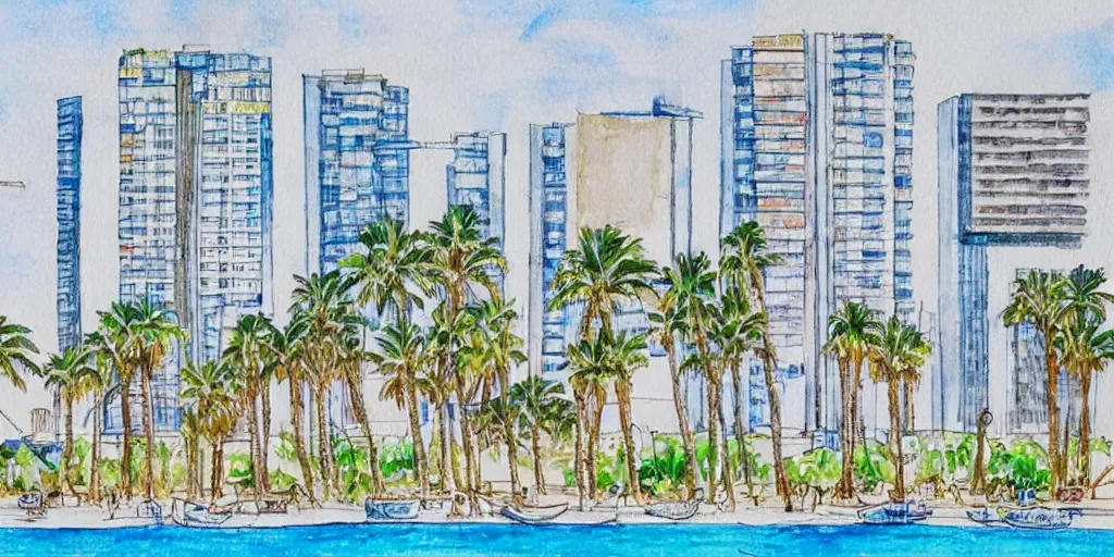 Image similar to tel aviv shoreline. bauhaus style. buildings with balconies. highly detailed. pen drawing painted with watercolors. colorful. low buildings. palm trees. blue skies