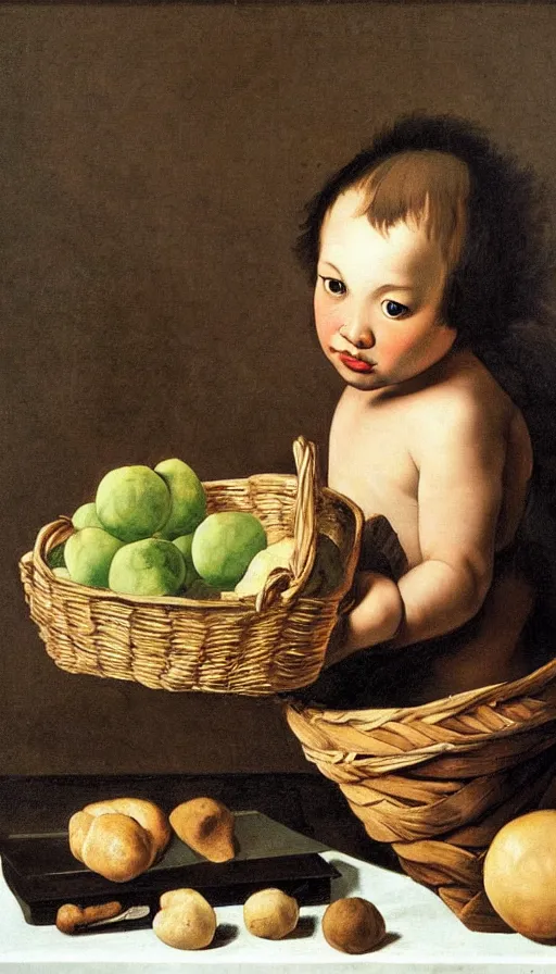 Prompt: hyperrealistic still life painting of a boy with a basket of bao by Caravaggio, botanical print