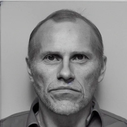 Image similar to A mugshot portrait of a middle aged older man who looks like Jerma985 with a receding hairline and short mid-length wavy hair, wearing mid-1980s menswear in the late 2008, taken in the late 1980s, grainy, realistic, hyperrealistic, very realistic, highly detailed, very detailed, extremely detailed, detailed, trending on artstation, front facing, front view, headshot and bodyshot, detailed face, very detailed face