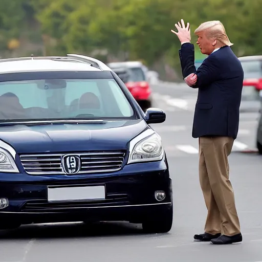 Prompt: donald trump wobbly head on the back seat of a car