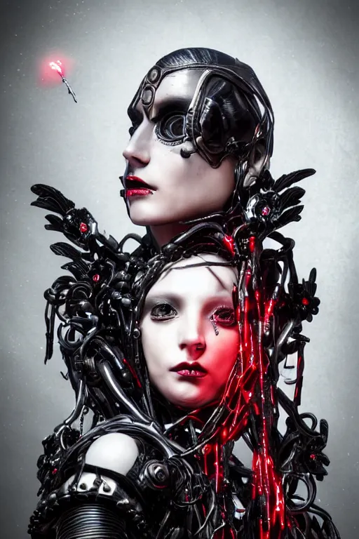 Image similar to full-body cyberpunk style sculpture of a young beautiful dark priestess, half android with a head opening exposing circuitry, glowing red eyes, black roses, flowing blood-red colored silk, fabric, candles. baroque elements. human skull. full-length view. baroque element, intricate artwork by Caravaggio. crows flying in background. Trending on artstation. octane render, cinematic lighting from the right, hyper realism, octane render, 8k, depth of field, 3D