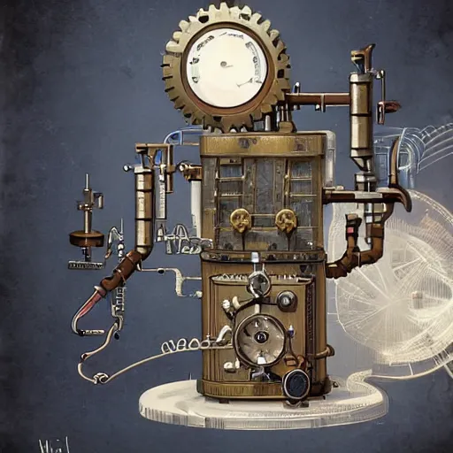 Prompt: A random pointless contraption ((steampunk)) industrial appliance pneumatic machine with no apparent purpose, being operated by a scholarly looking man with a clear directed gaze, artwork by Petros Afshar