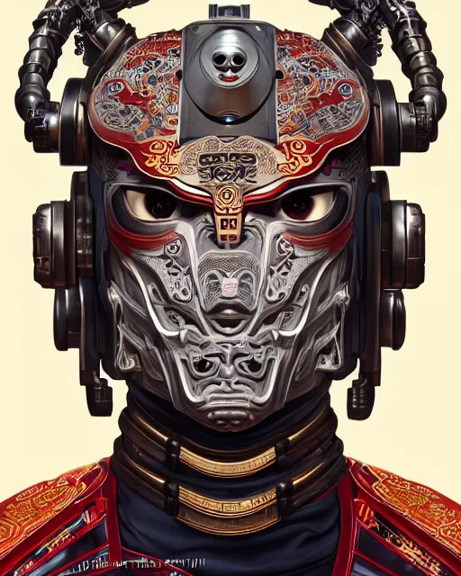 Image similar to portrait of a masculine male cyberpunk machine, machine face, upper half portrait, decorated with chinese opera motifs, asian, fine china, wuxia, traditional chinese art, intricate, elegant, highly detailed, symmetry, headpiece, digital painting, artstation concept art smooth sharp focus, illustration, art by artgerm and greg rutkowski alphonse mucha 8 k