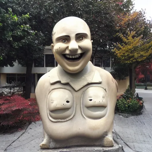 Prompt: statue smiling wide guy high red eyes fake smiles