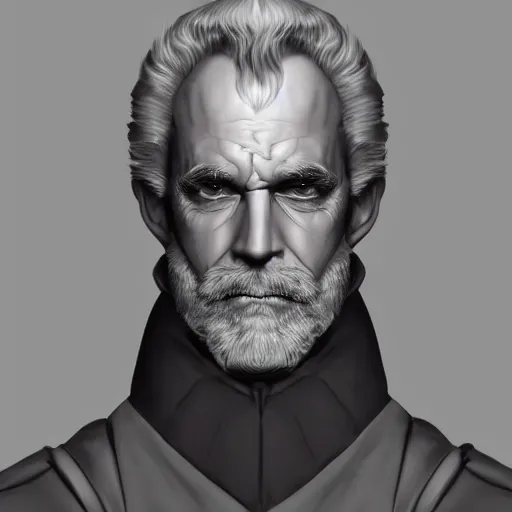 Image similar to old greying handsom man with high collar fantasy, symmetrical beautiful, portrait, trending on artstation