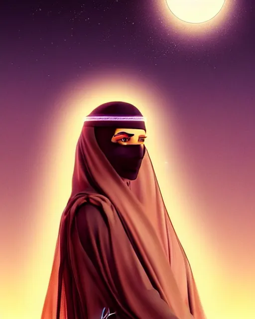 Image similar to Portrait of very very very very very very beautiful Arab woman wearing a Niqab, glowing magical eyes, energy trails, under giant full moon in the desert, intricate, elegant, highly detailed, digital painting, artstation, concept art, smooth, sharp focus, illustration, art by artgerm and greg rutkowski and alphonse mucha