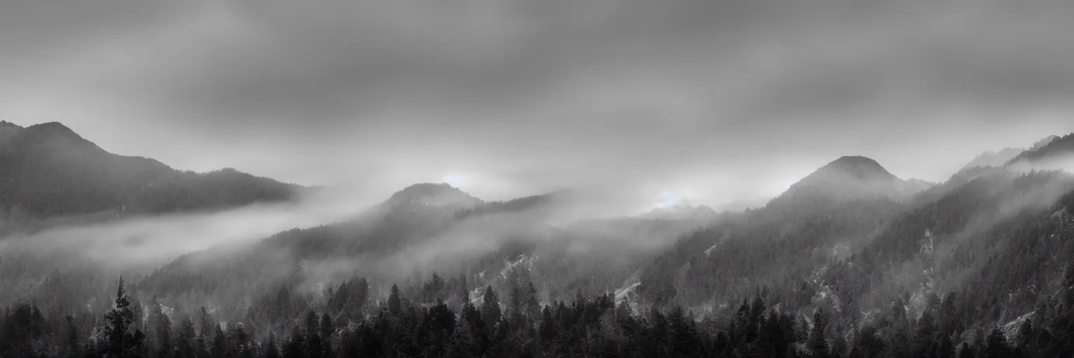 Image similar to monochrome photo of ambient and misty mountains