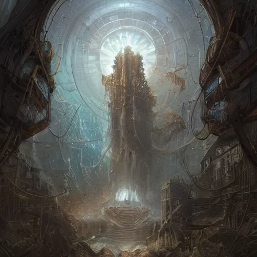 Prompt: scenic dystopian portal to a different universe environment, intricate, elegant, highly detailed, centered, digital painting, artstation, concept art, smooth, sharp focus, illustration, artgerm, tomasz alen kopera, peter mohrbacher, donato giancola, joseph christian leyendecker, wlop, boris vallejo