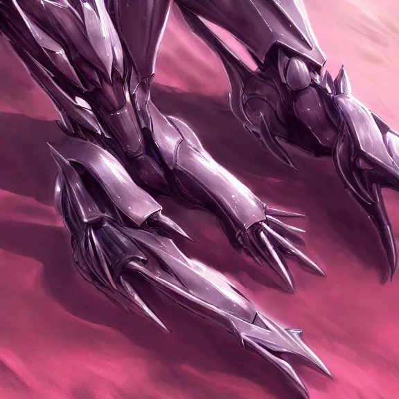 Image similar to very close up foot pov shot, hyperdetailed elegant beautiful stunning anthropomorphic mecha female dragon showing exquisite sharp dragon soles close to camera, laying on sand, detailed foot pov, sharp claws, sharp silver armor, fuchsia skin, dragon art, warframe fanart, paw art, furry paws, furaffinity, deviantart, octane, ekasportal