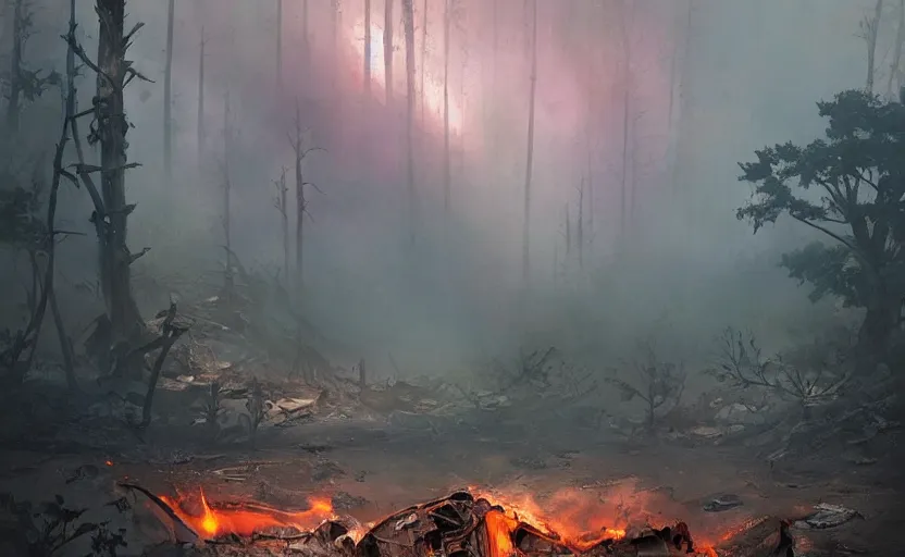 Prompt: scattered wreckage and debris, crater explosion. one single fighter design spaceship on fire crashed on the ground, on the ground, smoke, smoke, cloudy air, forest, swamp. Atmospheric lighting, overgrowth. By Makoto Shinkai, Stanley Artgerm Lau, WLOP, Rossdraws, James Jean, Andrei Riabovitchev, Marc Simonetti, krenz cushart, Sakimichan, trending on ArtStation, digital art.