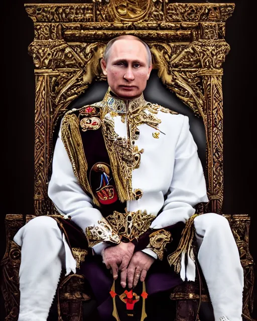 Image similar to A photo of vladimir putin the barbarian sitting on his throne, award winning photography, sigma 85mm Lens F/1.4, perfect faces