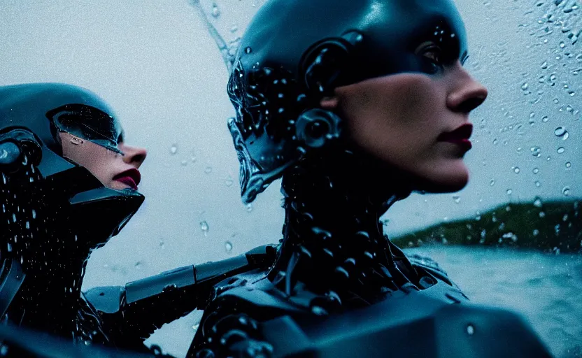 Image similar to cinestill 5 0 d candid action photographic portrait by quentin tarantino of two loving female androids wearing rugged black mesh techwear in treacherous waters, extreme closeup, modern cyberpunk retrofuturism moody emotional cinematic, pouring iridescent rain, 8 k, hd, high resolution, 3 5 mm, f / 3 2, motion blur, ultra realistic faces, ex machina