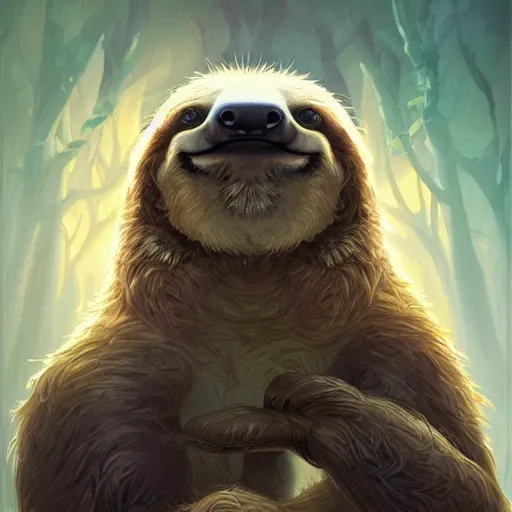 Prompt: a portrait of a sloth portrait, cute and adorable, pretty, beautiful, art portrait, matte fantasy painting, deviantart, super detailed eyes, super detailed, nose, super detailed, eyes, artstation, by jason felix by steve argyle by tyler jacobson by peter mohrbacher, cinematic