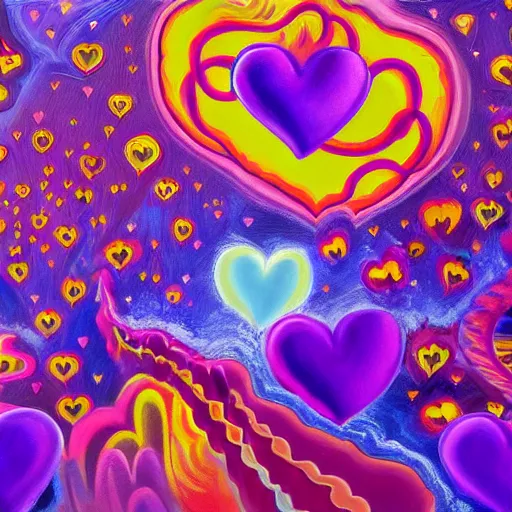 Image similar to a highly detailed painting of kitschy purple hearts in flames, inspired by lisa frank, dali, matisse, david hockney, trending on artstation, 4 k