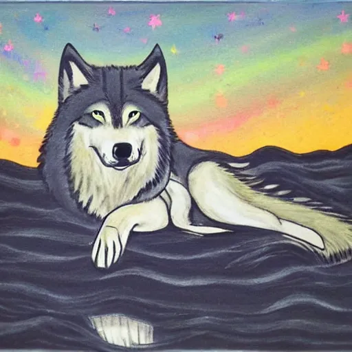 Prompt: wolf okami!!!!!!! resting under a sky full of stars, by a deep!! river, calm, acrylic on canvas, okami, okami, okami, okami, okami, okami, cel shaded, cel shaded, cel shaded, cel shaded