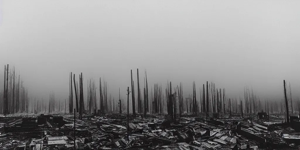 Prompt: industrial city destroying nature, 1 9 2 0 s spirit portrait photography, smoking chimneys, burning trees, cleared dead foggy death fog forest, huge industrial buildings, eerie, dark, by william hope