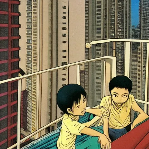 Image similar to art of two singapore students on the roof of a hdb flat, by satoshi kon