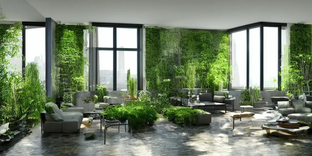 Image similar to new york penthouse designed by Geoffrey Bawa, greenery, plants, pond, concept, octane rendering