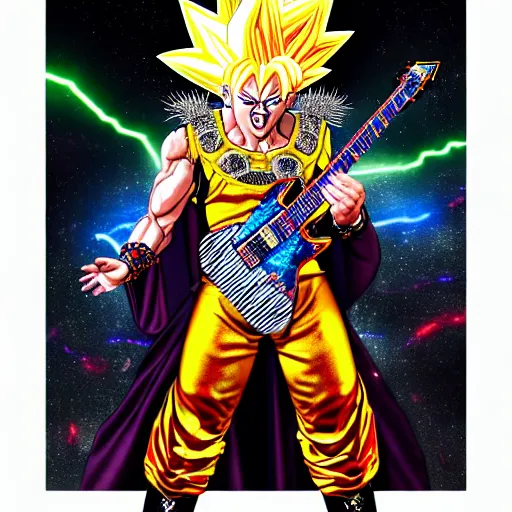 Image similar to uhd photorealistic detailed image of max voltage, the rock and roll emperor, dressed as super saiyan emperor, powering up, wearing extremely intricate rock and roll emperor costume and emperor makeup, with an emperor's electric guitar, by ayami kojima, amano, and karol bak