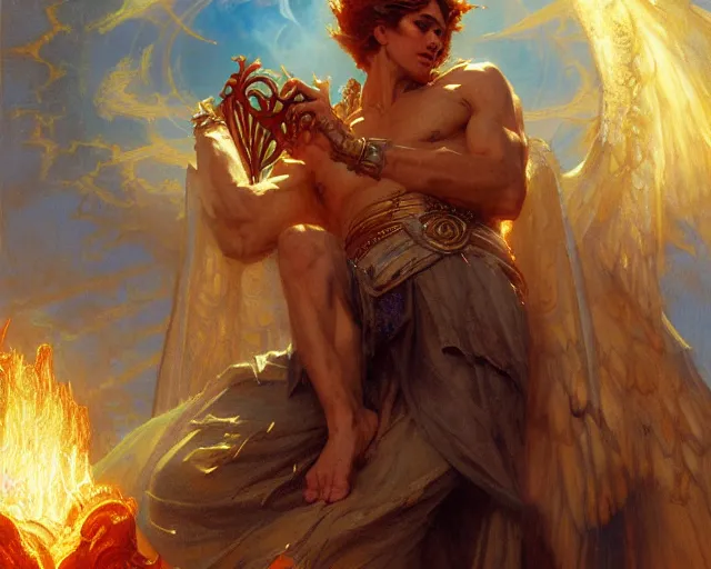 Image similar to attractive male deity, casting demonic magic, summoning handsome lucifer morning star. highly detailed painting by gaston bussiere, craig mullins, j. c. leyendecker 8 k