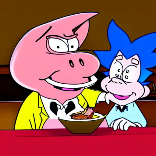 Image similar to rick sanchez and porky pig eating a brisket, cartoon, cell animation, highly detailed