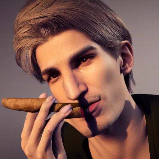 Prompt: a high quality photo of xqc smoking a cigar, 3d scene, render, ultra realistic, artstation, cgsociety