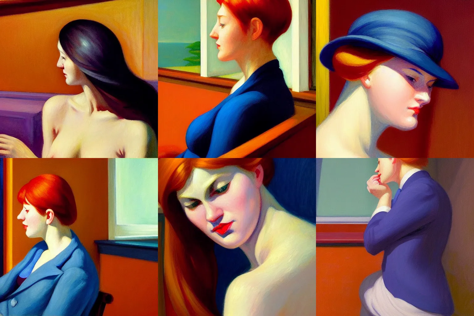 Prompt: A beautiful close-up of a middle aged self absorbed auburn head entrepreneur suggesting intimacy without elaborating further, digital art by Edward Hopper, vibrant color scheme, highly detailed, in the style of romanticism, fine Art, high detail, great lighting, 8k resolution, masterpiece, concept art, illustration, clear eyes, soft lighting, soft details, painting oil on canvas, octane render, HDR, trending on artstation, 4k, 8k, HD