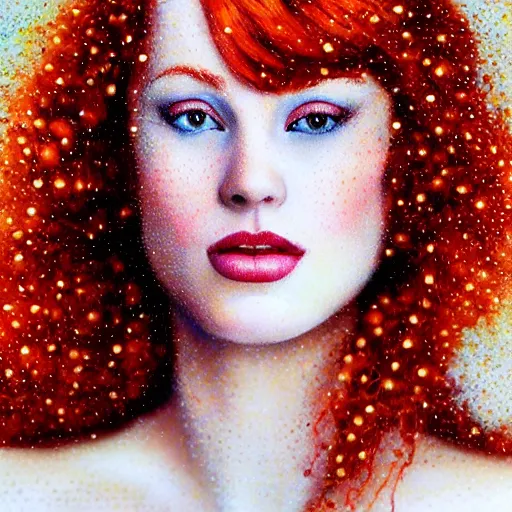 Prompt: beautiful redhead woman, glamor shot, pointillism, closeup