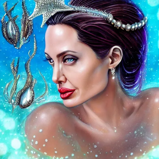 Image similar to “ angelina jolie portrait, fantasy, mermaid, hyperrealistic, game character, underwater,, highly detailed, cinematic lighting, pearls, glowing hair, shells, gills, crown, water, highlights, starfish, goddess, jewelry, realistic, digital art, pastel, magic, fiction, ocean, queen, colorful hair, sparkly eyes, fish, heroic, waves, bubbles ”